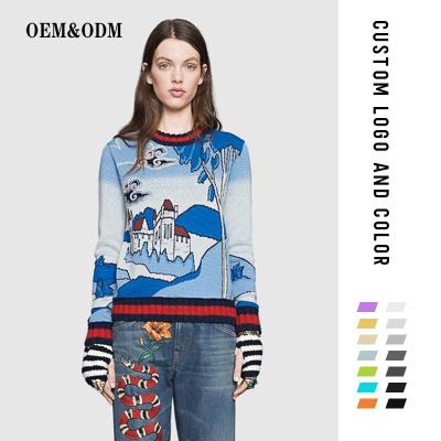 China New Winter Anti-wrinkle European Landscape Printing Blue Woolen Sweater Women Shape Protect Oversized Female Sweater for sale