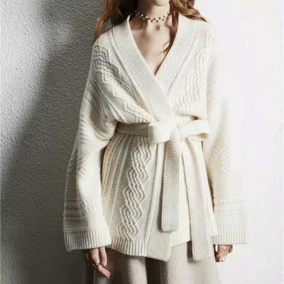 China Autumn Anti-Shrink Wool Knitted Classic Cardigan Style Sweaters Women With Belt for sale