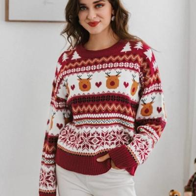 China XIN Anti-wrinkle Drop Shoulder Long Sleeve Oversized Shopper Knitted Women Jacquard Christmas Sweaters for sale