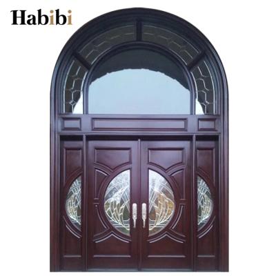 China Large Traditional American Style Traditional Design Arched Double Glass Top Leaf Exterior Solid Wood Front Door for sale