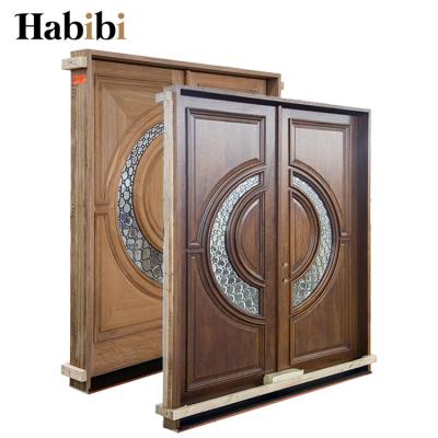 China Prettywood Waterproof Transitional Style Solid Front Entrance Double Wooden Main Door Mahogany Design for sale