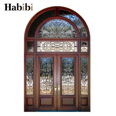 China Waterproof American Arched Top Glass Inserted No Slot Front Door Designs Traditional Solid Exterior Wood for sale