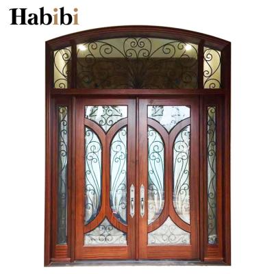 China Prettywood Traditional Exterior Glass Inserted Solid Wood Double Leaf Front Doors For Home for sale