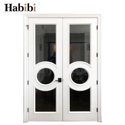 China Prettywood Traditional White Paint Glass Inserted Double Leaf Solid Wood Interior Doors for sale