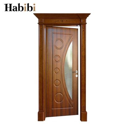 China Prettywood Dubai Traditional Design Glass Inserted Solid Teak Room Wood Interior Door for sale