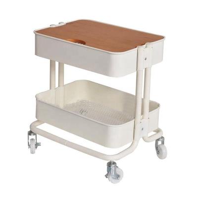 China Bathroom Trolley Kitchen Utility Cart 2 Tier Metal Rolling Industrial Wood Top Rack Organizer Storage for sale