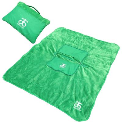 China Folded Polyester Brushed Flannel Fleece Folded Travel Blanket In Cushion 2 In 1 Zip Up Blanket for sale