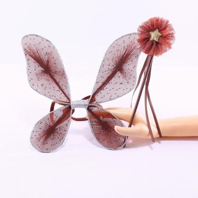 China Fashion Mesh Brown Butterfly Wing And Wand Set Performance Fairy Angel Wings For Kids for sale