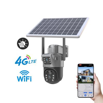 China Human Motion Tracking Two Lens 4G 3MP Battery Smart Solar Powered IP PTZ Security Camera Two Way Audio Two Way Radio CCTV Solar Powered Outdoor Camera For Farm Orchard for sale