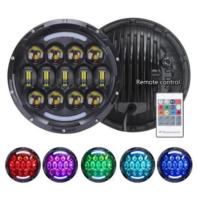 China Factory price 7 inch round diecast aluminum housing led headlight 12v 24v 105W RGB LED light with Angel Eyes For Jeep for sale