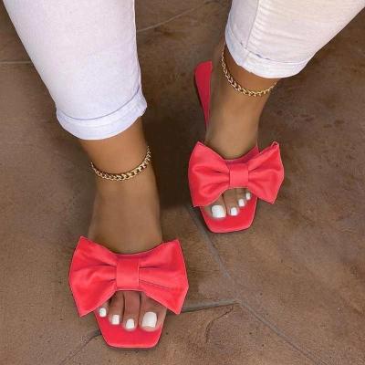 China Home 2021 Bowknot Square Head Heel Slippers Summer Ladies Shoes New Style Summer Women's Shoes Low Bow To Slip Luxury Women Sandals for sale