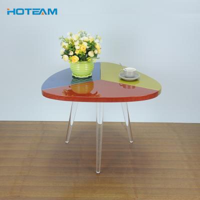 China Easy Clean Acrylic Triangle Legs Colored Wooden Dining Table Top Set for sale