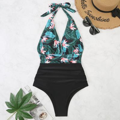 China Sexy Halter One Piece Swimsuit QUICK DRY Plus Size High Waisted Backless Swimwear Women Swimwear Patchwork Beach Wear for sale