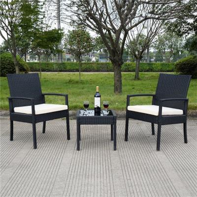 China Modern Popular Rattan 3 PCS Bistro Set Outdoor Wicker Chat Furniture Set With Cushions Best Selling for sale