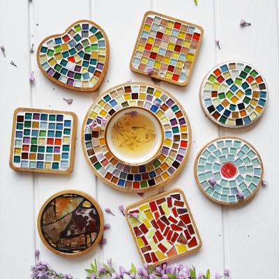 China Eco-friendly Bamboo Wooden Mosaic Patterns Mug Cup Mat For DIY Crystal Teacup Coaster for sale