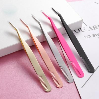 China Premium Matte Black Slant Tip Eyebrow Private Label Curved Eyelash Tweezers Low MOQ Eyebrow Tweezers with Comb for sale