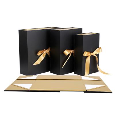 China Recycled Materials Luxury Black Gold Wedding Gift Boxes With Magnetic Double Sided Lid Ribbon Box Packaging For Father's Day, Engagements, Groom Gifts for sale