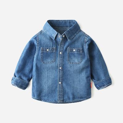 China Latest Style Kids Clothes Anti-pilling Spring Long Sleeve Denim Cotton Double Pockets Casual Boy Shirt for sale