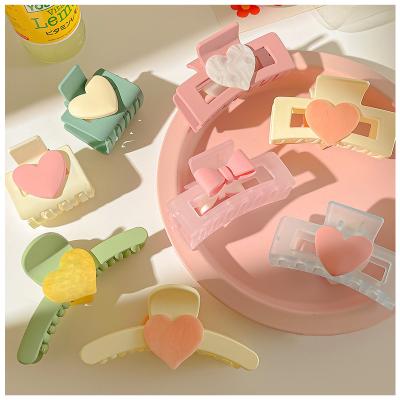 China Acrylic Hair Claw Clip Resin Candy Color Kawaii Ponytail Barrette Love Heart Pattern Hairpins Square Cute Wholesale Custom Hair Acessory Large for sale