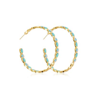 China TRENDY Exaggerated Fashion Jewelry 18K Gold Plated Brass Pave Statement Australian Natural Opal Big Circle Hoop Earrings For Ladies for sale