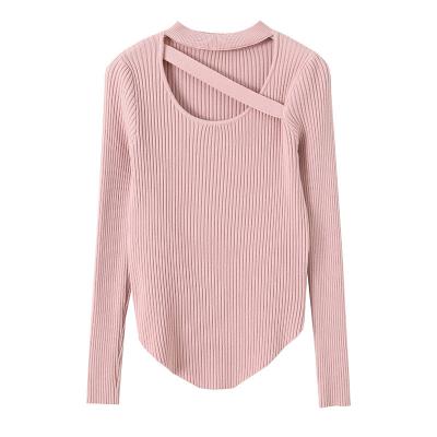 China Customized Women's Long Sleeve Knitted Sweater Cutout Breathable Cross Collar Ribbed Bottom Slim Fit Pullover Basic Sweater for sale