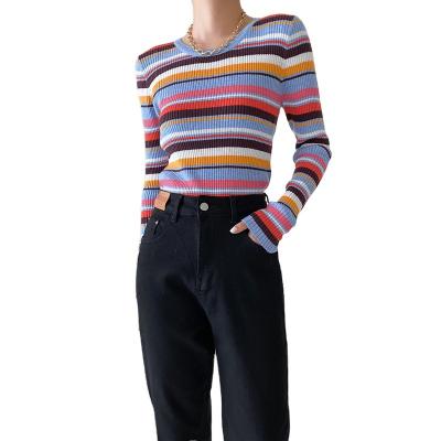 China Keep Warm Custom Women's Pullover Sweater Colorful Striped Autumn Winter Casual Slim Fit O-Neck Striped Long Sleeve Knit Sweater for sale