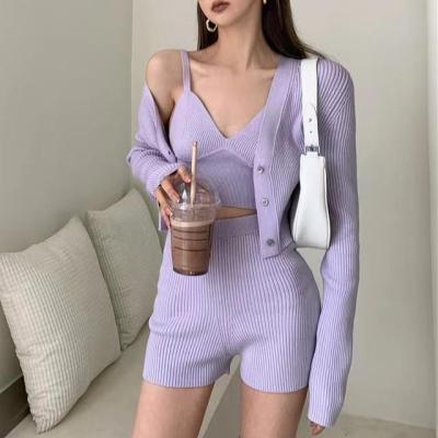 China Wholesale Customized Kendou Girls Tank Shorts QUICK DRY Top Cardigan Knitted Outfit Purple Women's Loungewear Sweater Three Piece Set for sale