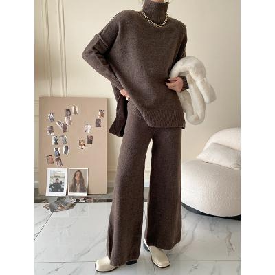 China Breathable Customized Half Turtle Neck Sweater Wide Leg Pants Set Fashion Casual Loose Sweater Knitted Pants Two Piece Women Sweater Sets for sale