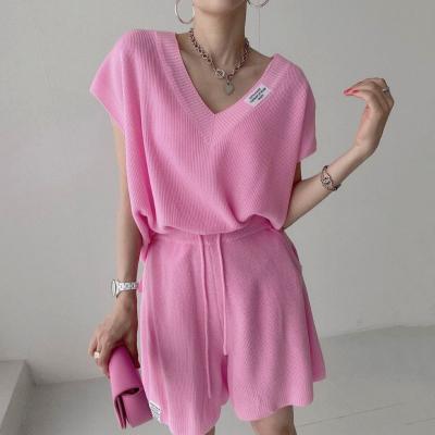 China Wholesale Custom Made Summer Women's Two Piece Top Korean V-neck Sweater Sets Frbic Silk Knitted Casual Loose Short Sleeve Ice Breathable Sweater Sets for sale