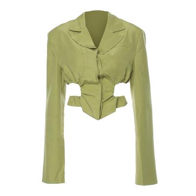 China Women's Solid Color Long Sleeve Size Of Jacket Breathable Lapel Suit Slimming Design Splicing Casual Slim Hollow Out Cardigan Fashion Short Tops for sale