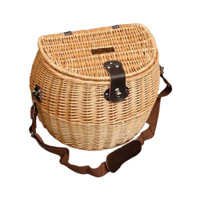 China Viable Strap Leather Hinges Buff Willow Wicker Trout Fishing Creel Basket for sale