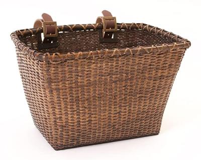 China Removeable .fashion Brown durable Cane Woven Bike Basket with leather straps and brass buckles for sale