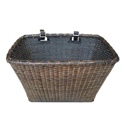 China Removeable .fashion goods bike Cane Woven Rectangular Toto Basket with leather straps and brass buckles for sale