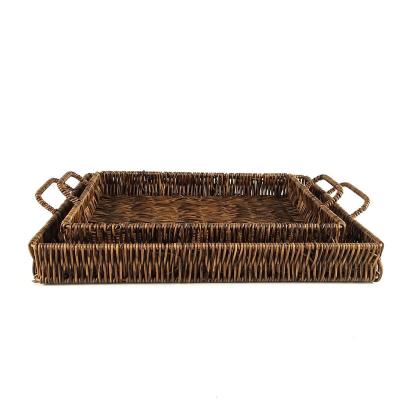 China Sustainable Woven Rattan Table Coffee Trays Storage Dish Tray With Handles For Picnic Party for sale