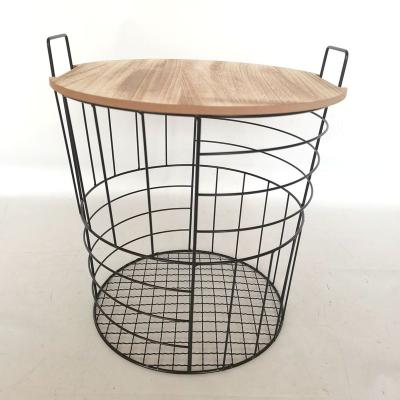 China Large Sustainable Wood Table Metal Wire With Lid Storage Basket Round Coffee Wire Coffee Table, Coffee Table For Balcony for sale