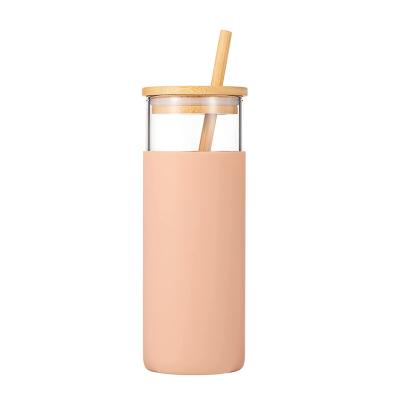 China Viable new style reusable transparent clear glass water bottle with bamboo lid and silicone protective sleeve straw for sale