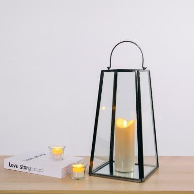 China Morden Modern Black Metal Outdoor Wind Proof Glass Candle Holders Wall Lantern for sale