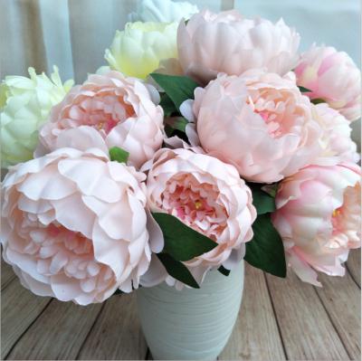 China Natural Touch 30cm Rose Pink Silk One Peony Flower Bunch & Large Bouquet 5 Head & 4 Leaves Bud Cheap Fakes Flowers for sale