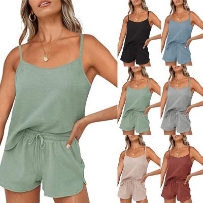 China Hot sale wholesale fashion anti-pilling solid color drawstring shorts camisole ladies casual suit for sale