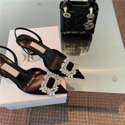 China Fashion Trend Designer Shoes Square Button High Quality Luxury Rhinestone Led White Shallow Stiletto Sandals Wedding Shoes for sale