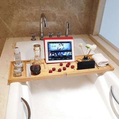 China Sustainable Expandable Bamboo Bathtub Tray Trolley for Bathroom with Reading Stand Tablet Holder Spa Organizer Tray for sale