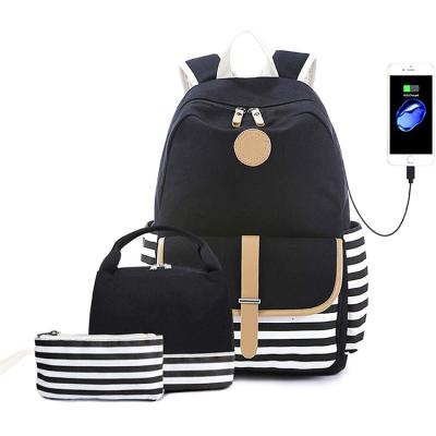 China With USB Canvas Backpack For Teen Girls Lightweight Cute Striped School Bookbag With USB Filling Backpack Set For College Laptop Bag for sale