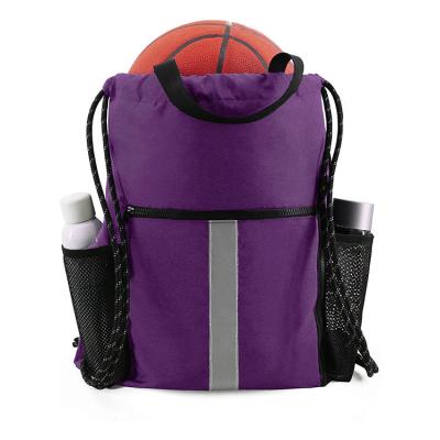 China Washable Drawstring Backpack Sports Gym Bag With Shoe Compartment And Two Water Bottle Holder for sale