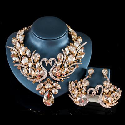 China New CLASSIC glass swan banquet party crystal evening dress exaggerated necklace earrings jewelry two-piece jewelry for sale