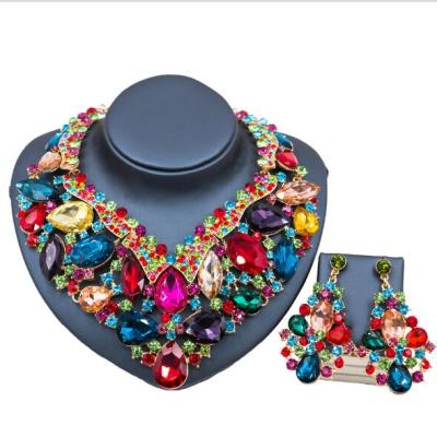 China New Boutique CLASSIC Africa Europe and America Stained Glass Rhinestone Exaggerated Banquet Bride Necklace Earrings Set for sale