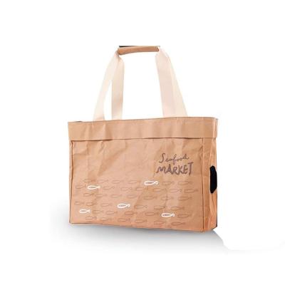 China Wholesale Recyclable Lightweight Custom Brown Travel Printing Large Capacity Washable Kraft Paper Bag With Handle for sale