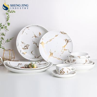 China Hotel Sustainable Wedding Porcelain Matte White Ceramic / Black Marble Dinner Set for sale