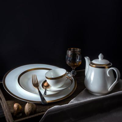 China 2020 Design Party Banquet Factory Sustainable Luxury Bone China Dinnerware Ceramic Embossed Gold Rim Set for sale