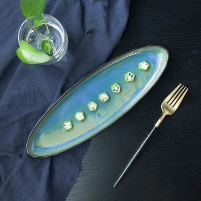 China Sustainable Wholesale Ceramic Porcelain Stoneware Oval Blue Dish for sale