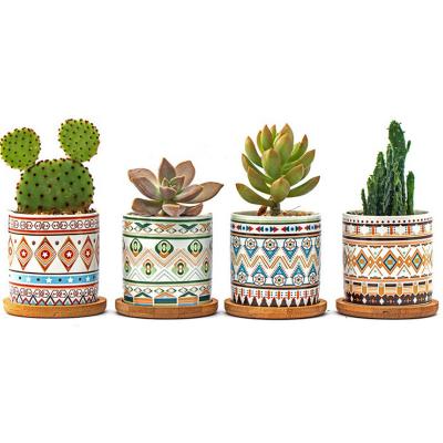 China Colorful Geometric Pattern Flower Planter Small Not Easily Deformed Ceramic Pot With Bamboo Tray, Mini Ceramic Flower Pots for sale